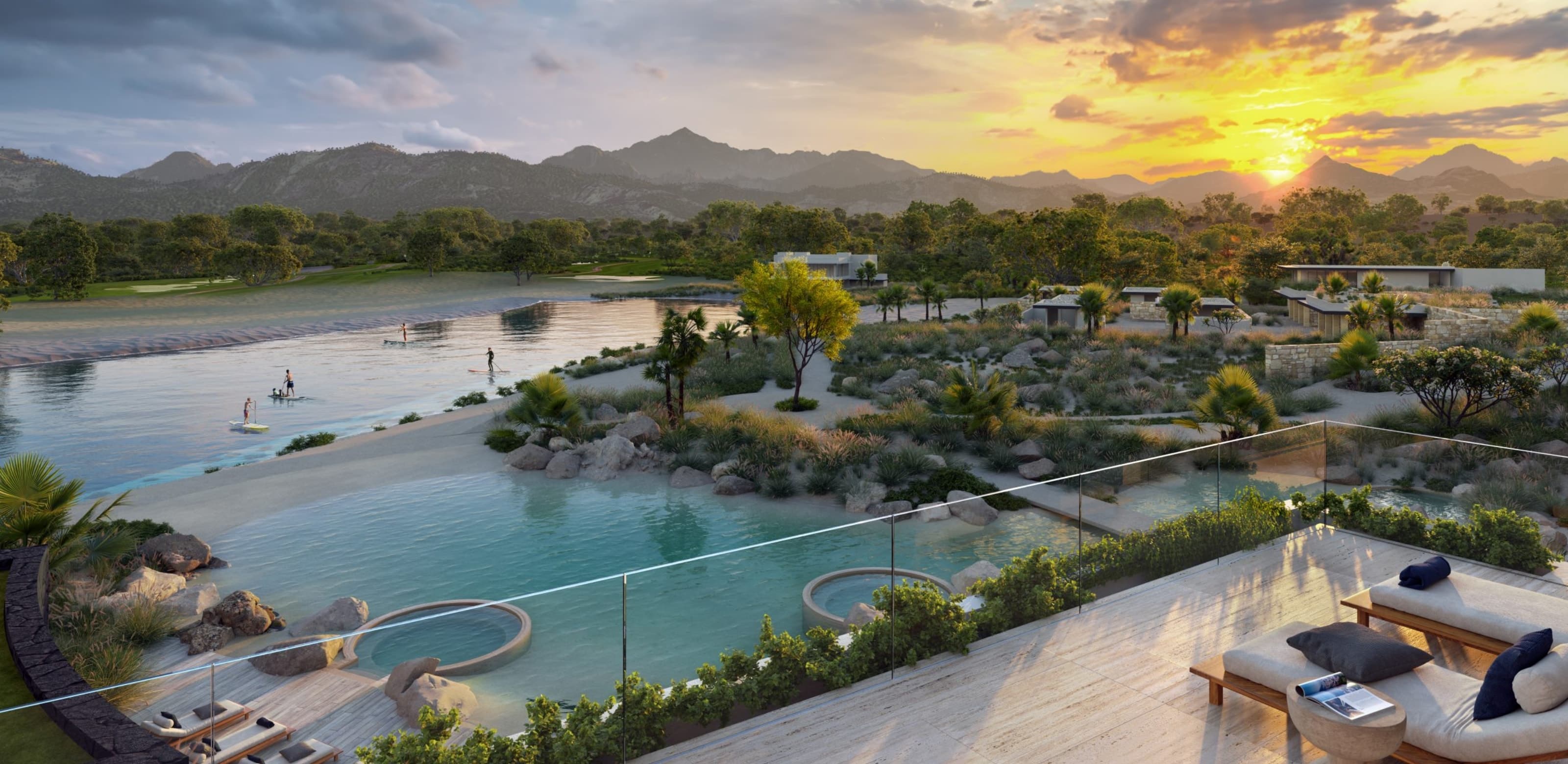 Four Seasons Private Residences Costa Palmas — lagoon, golf course, and Baja mountains at sunset on the East Cape
