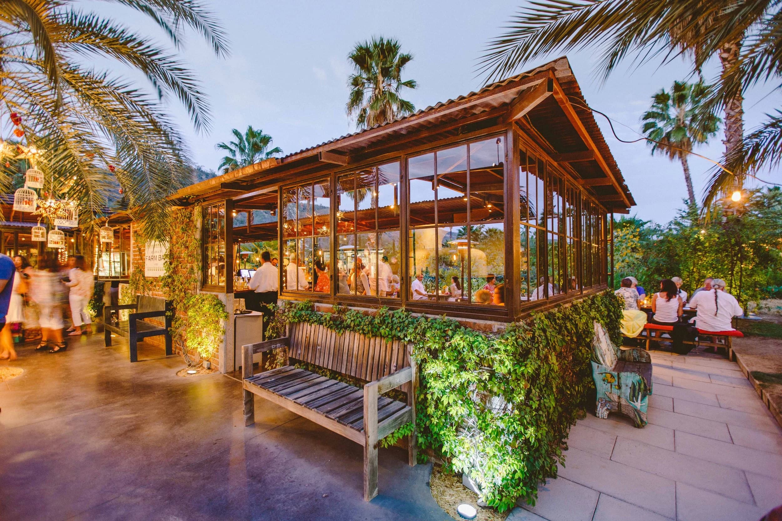 Open-air candlelit dining tables set among organic vegetable gardens and fruit trees at Flora Farms — the original farm-to-table restaurant in San José del Cabo, Los Cabos