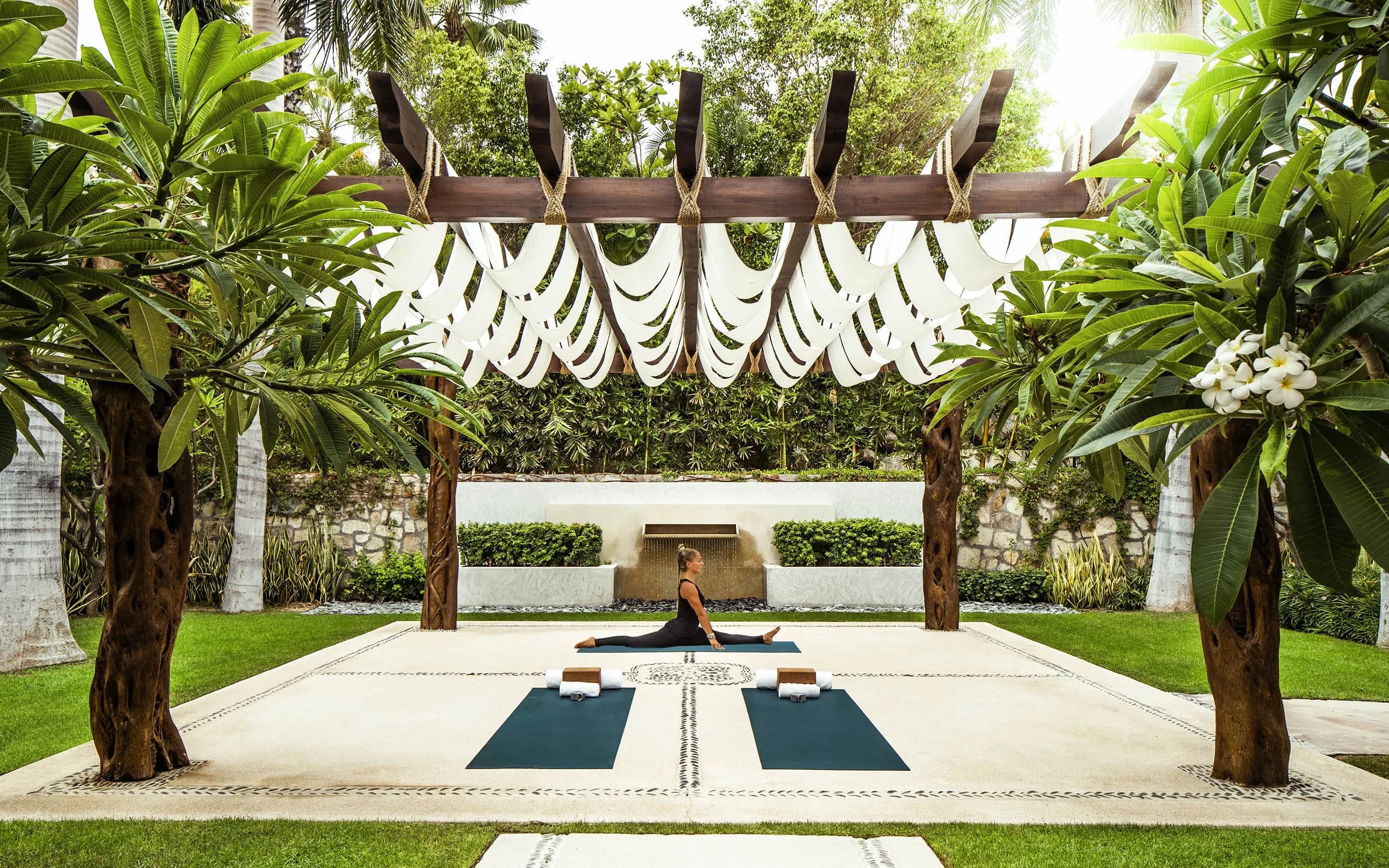 Outdoor yoga pavilion with tropical plumeria trees and flowing white fabric canopy at a luxury Los Cabos wellness residence