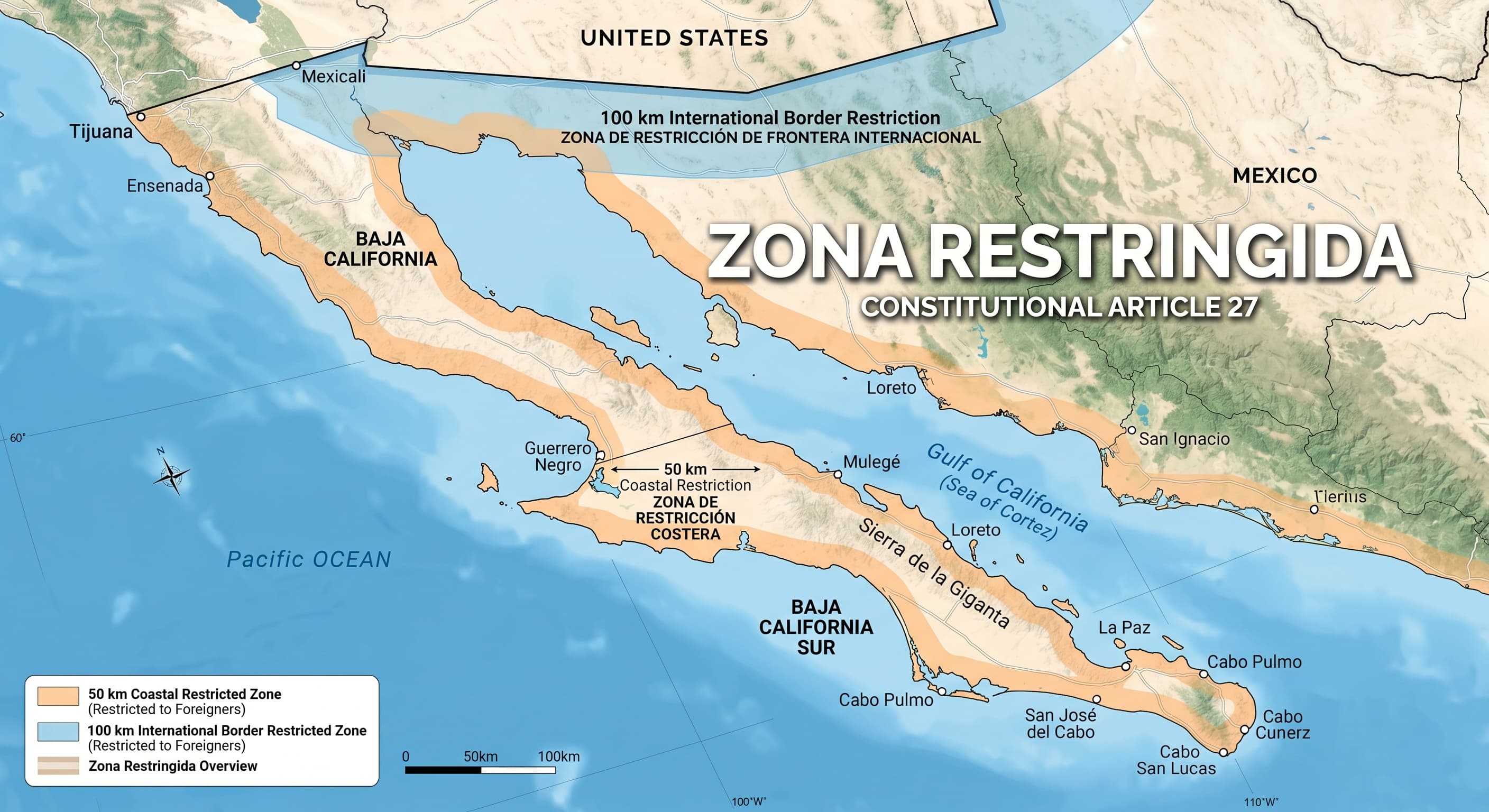 Map of Mexico showing the Restricted Zone for foreign property ownership near coastlines