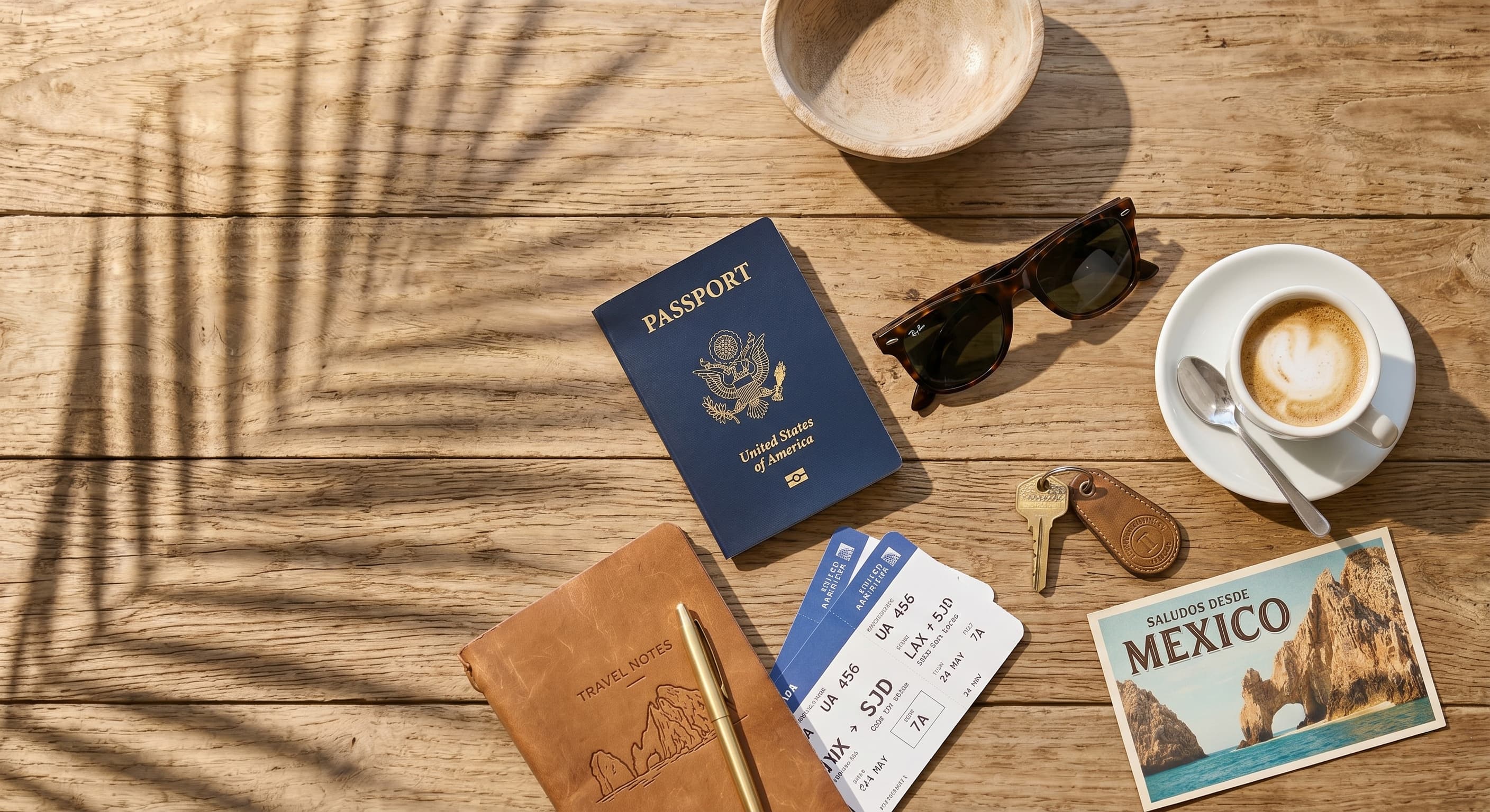 Mexico temporary resident visa requirements for US and Canadian citizens — passport, immigration forms, and financial documents spread on a table